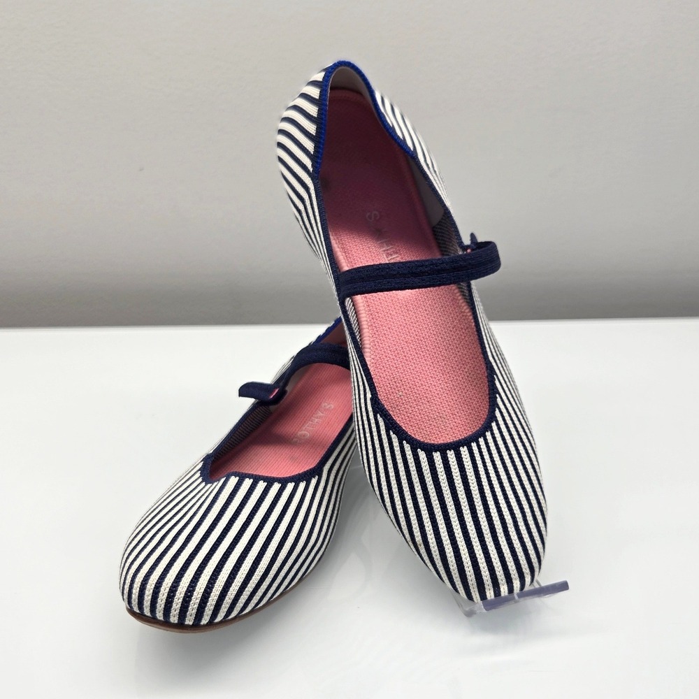 Rothy's The Square Mary Jane Flats 10.5 Navy Ivory Pinstripe Knit Ballet Shoes